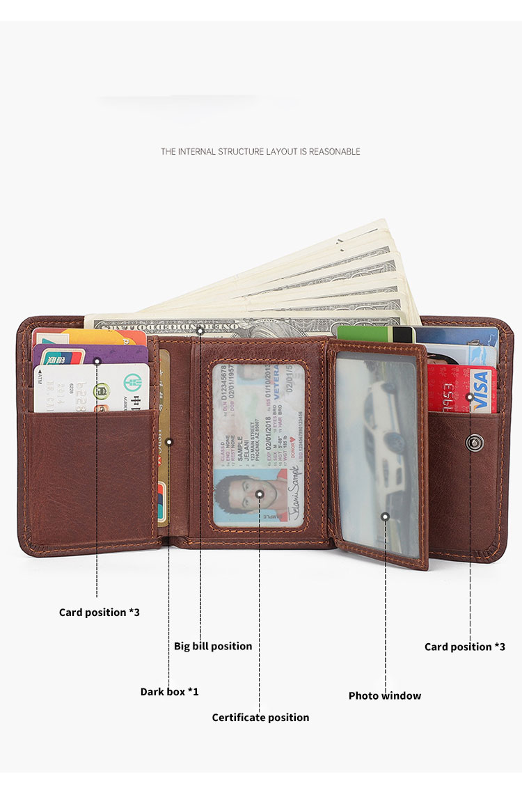 Customized Crazy Horse Leather Men's Trifold Wallet with RFID Blocking Technology