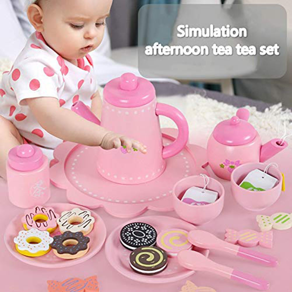 ABS Wooden Tea Party Set with Cupcake Stand Play Food Kitchen Accessories for Toddlers