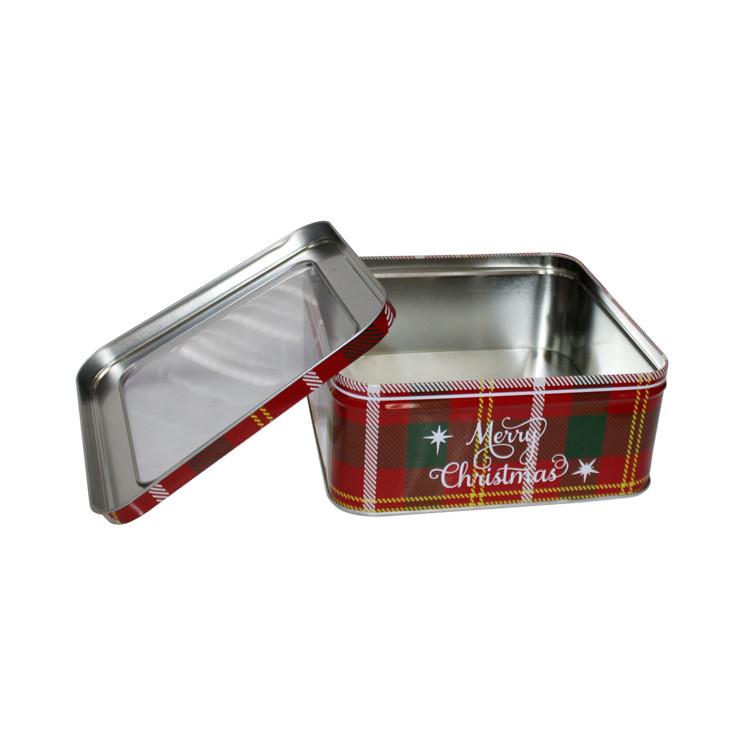 Merry Christmas Holiday Tins Square Tin Box With Clear Window Decorative Tin Containers