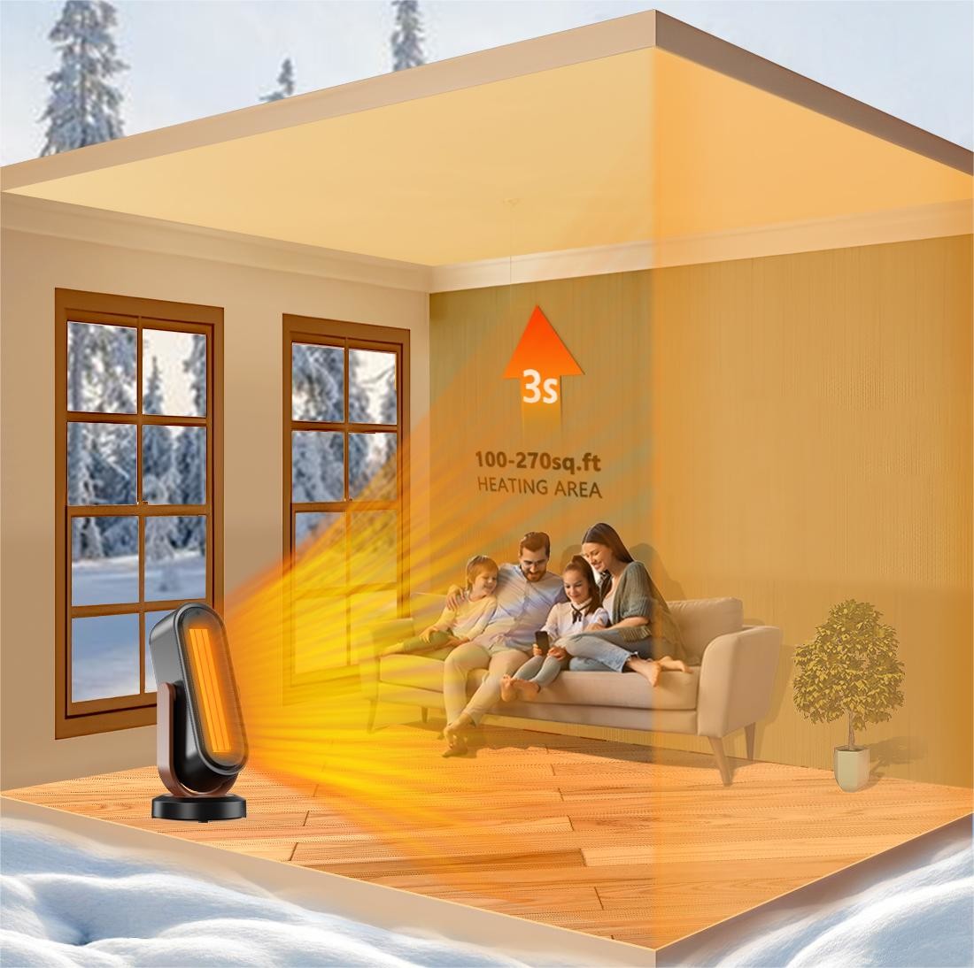 1500W Waterproof Fan Heater Vertical 45 Degree Horizontal 120 Degree Heating Range