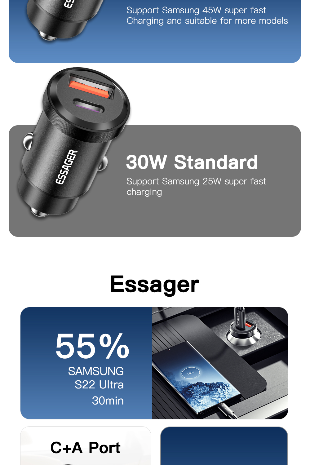 Essager 2022 Gyroscope Fasr 30W 45W Mini Car Charging 2 Port USB Type C Car Charger With Over-Charging Protection