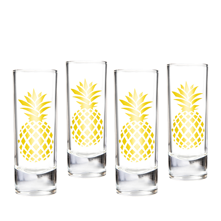 Wholesale Factory Price 60ml Transparent Shot Glass With Decal Gold Pineapple