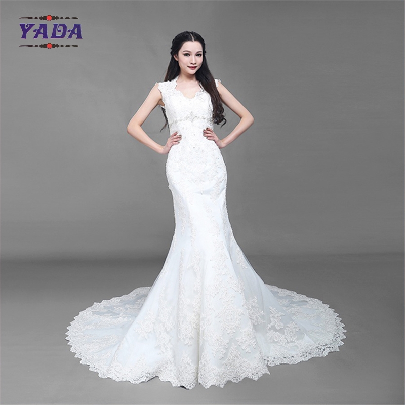 Fashion v neck tulle handmade embroidery bride white beaded mermaid wedding dresses