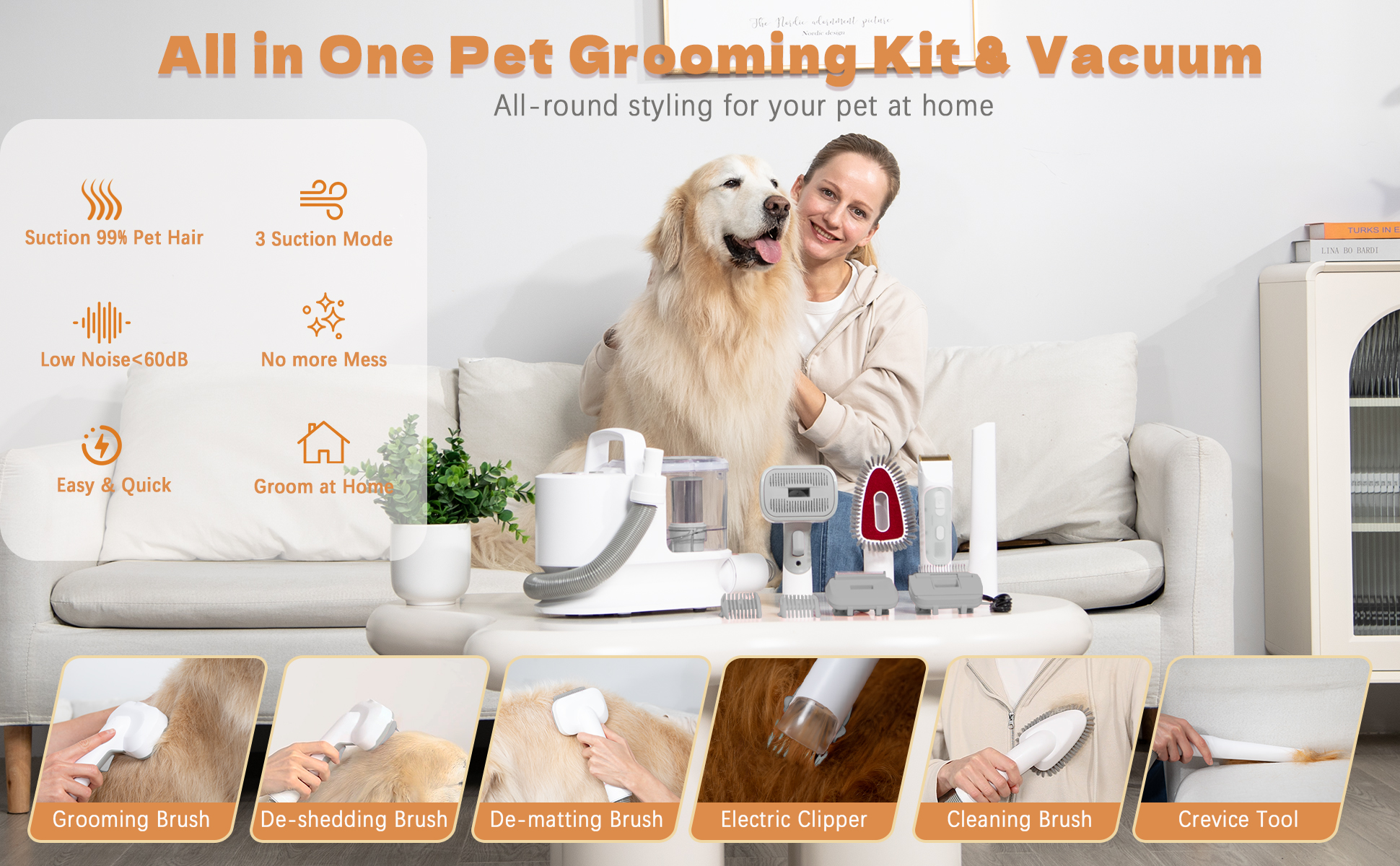 Customizable 300W Pet Grooming Vacuum Tool for Hair Shedding Trimmer Comb Accessories
