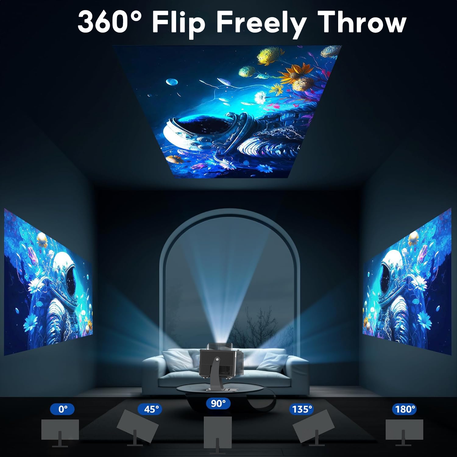 H1 360° Flip Freestyle Projector 600 ANSI Lumens Dust Free 1080P Android Home Projector