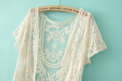 Spring/Fall Hot Selling Fashion Women's Clothing Brand See Through White Short Sleeve Crochet Net Lace Cardigan