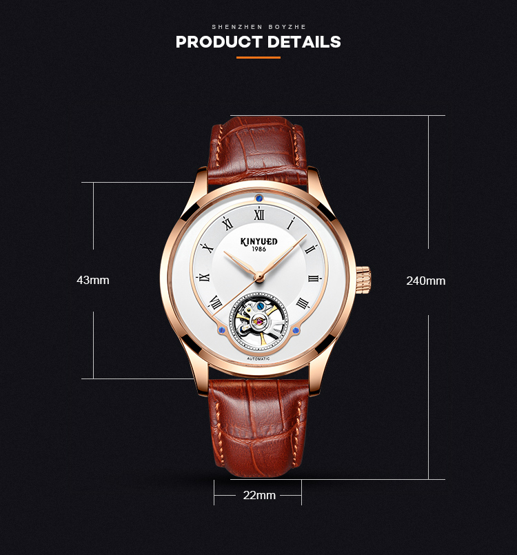 KINYUED tourbillon mens automatic watch skeleton mechanical water resistant watch men wristwatch