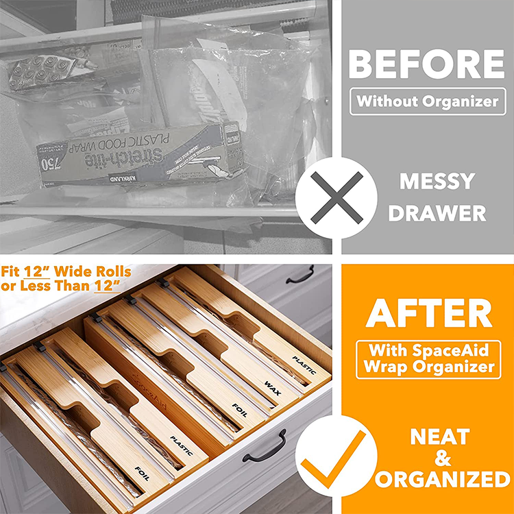Stylish Bamboo Drawer Zip Lock Kitchen Foil Plastic Wrap Dispenser with Slide Cutter