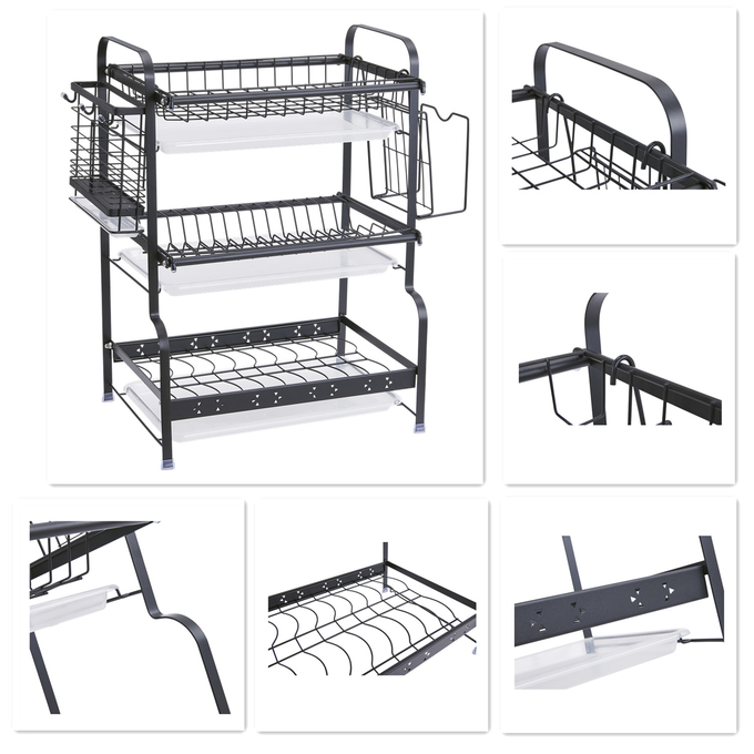 Three Tiers Kitchen Storage Shelves Seasoning Pot Dish Drying Rack Standing Type