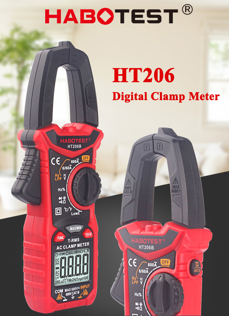 HT206B Auto Range Digital Clamp Meters , 600A AC Current Clamp Meter