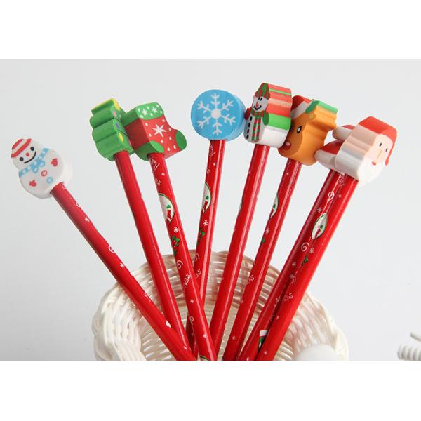 Children School Supplies Christmas Cartoon Eraser Pencil Set with Red Wood Pencils
