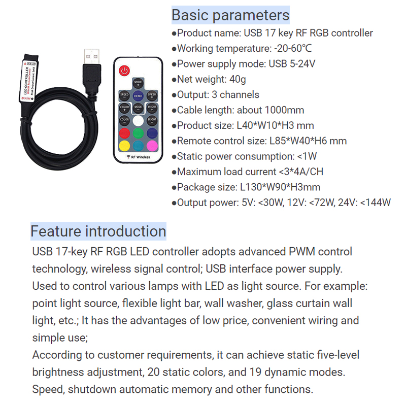 USB Interface Powered LED Mini Controller With 17 Keys RF Wireless Remote Control