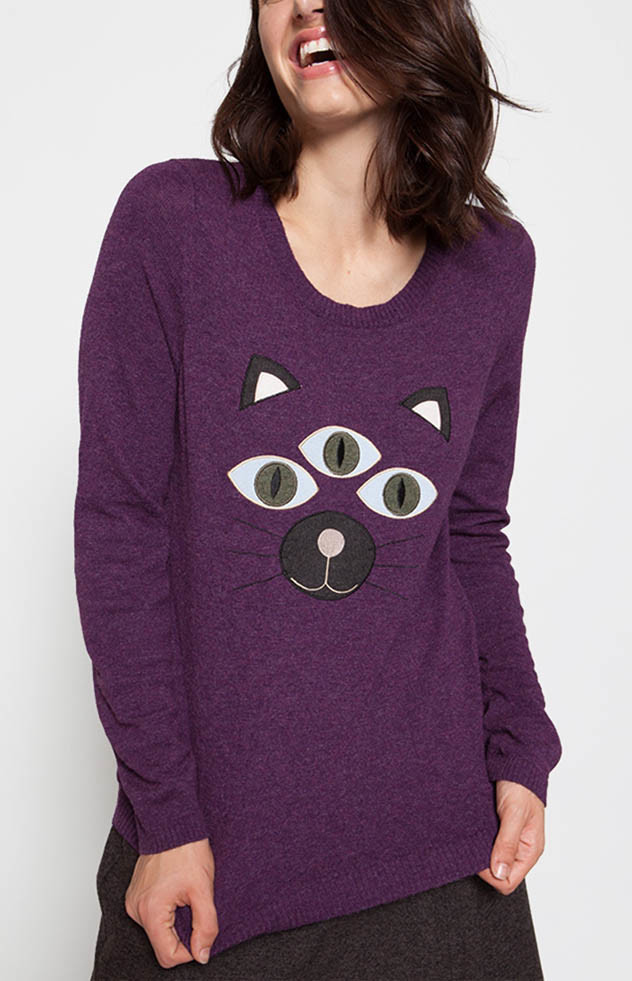 Applique Embroidery Purple Knit Pullover Sweater Cute 12gg Gauge For Winter