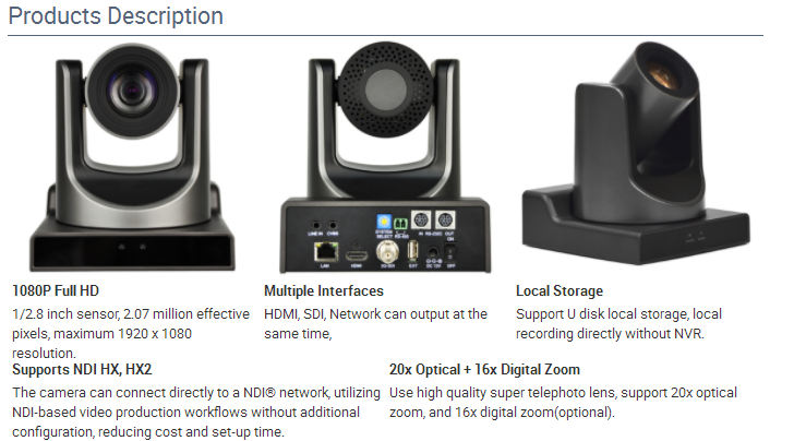 20X HD SDI PTZ Camera Video Professional IP NDI Camera for Broadcasting Video Conferencing Solution