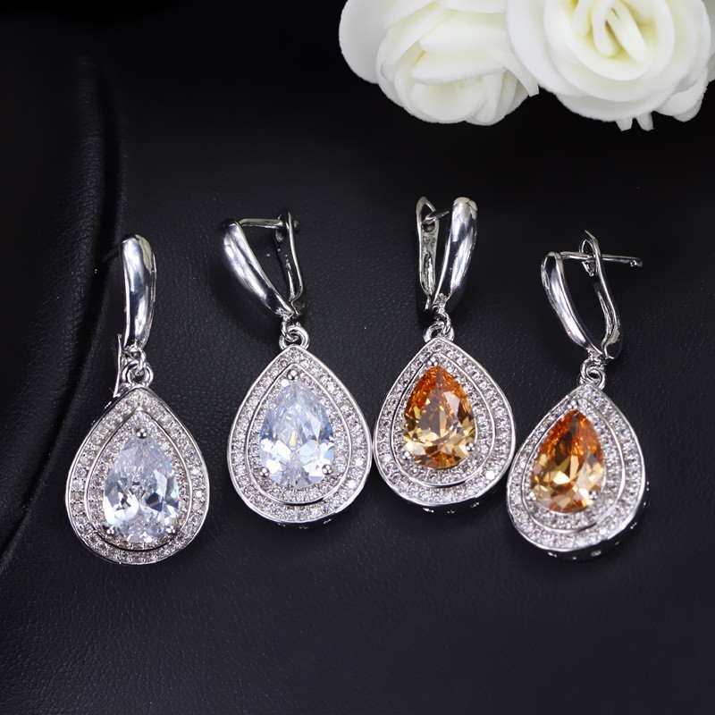 Hot selling Womens Luxury Wedding Flower CZ Zircon jewelry Set Fashion Waterdrop Necklace Earrings Set Jewellery sets