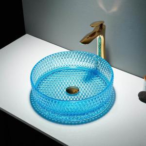 China Clear Sky Blue Glass Vessel Basins Bathroom Sink Round Sky Blue Crystal wholesale