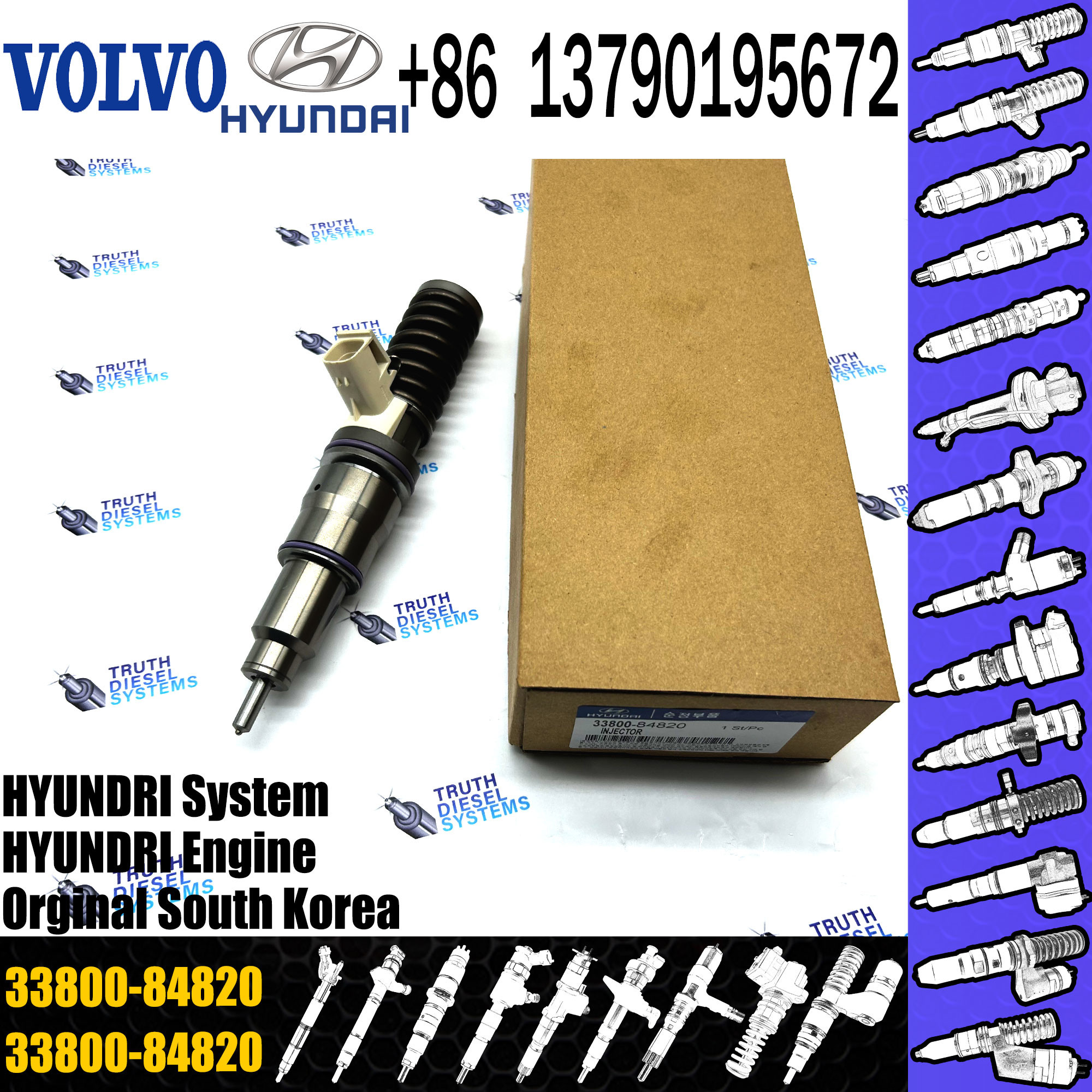 Diesel Injector 33800 84820, 33800-84820, 3380084820, 21306407 BEBE4D19002 for Hyundai D6CC engine