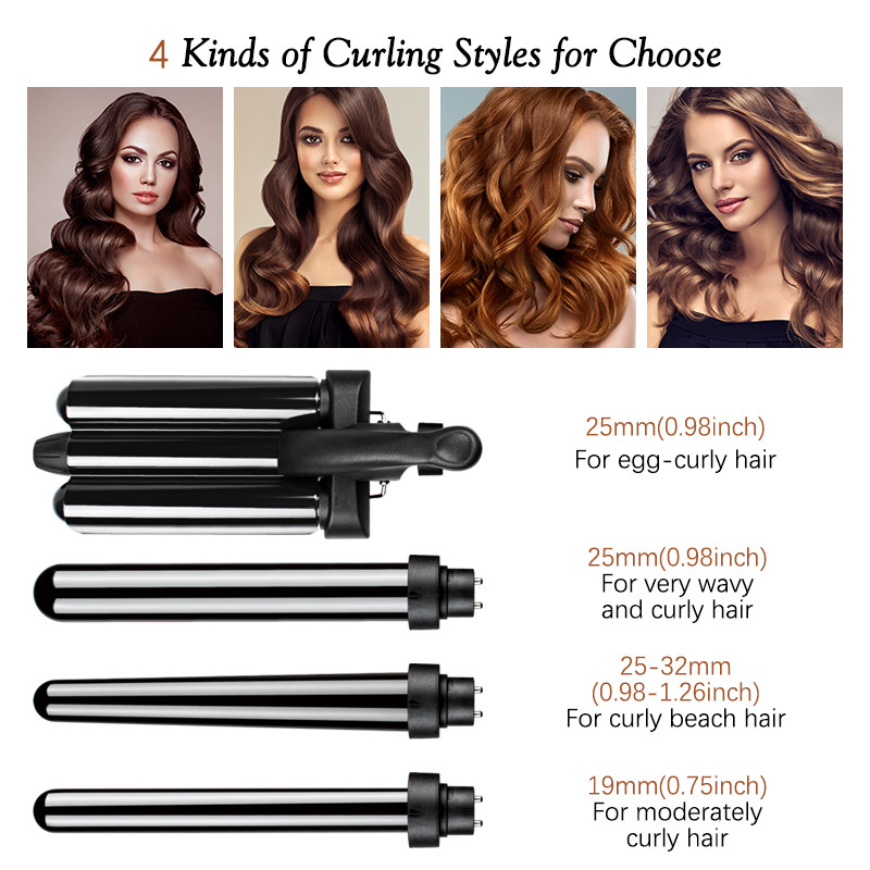 Ceramic Tourmaline Barrels Interchangeable Curling Iron Set LCD Temp Control