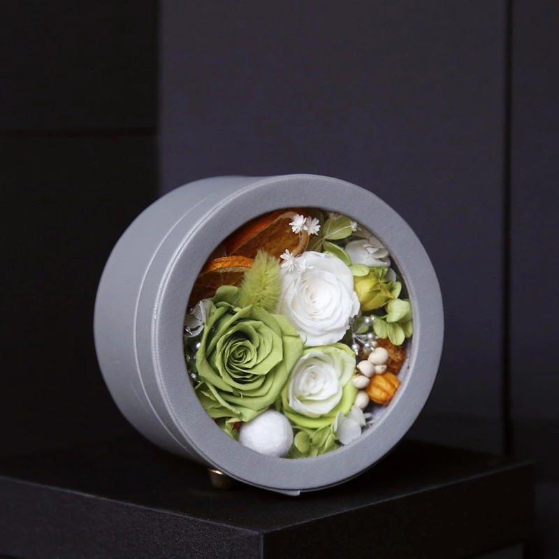 New design long life flowers round leather box preserved rose gift for lover rose gift