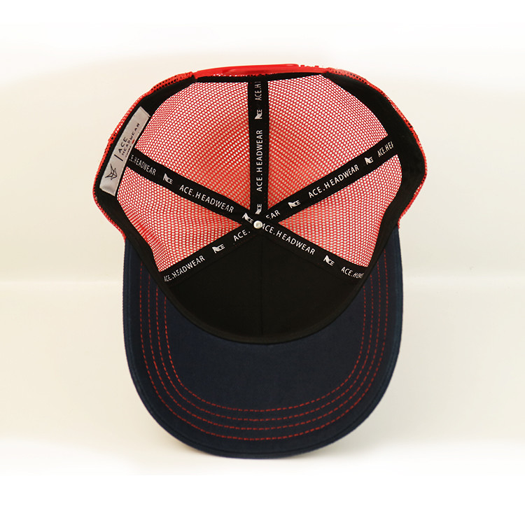 Personalized 5 Panel Trucker Cap Navy Blue Cotton + Red Polyester Mesh