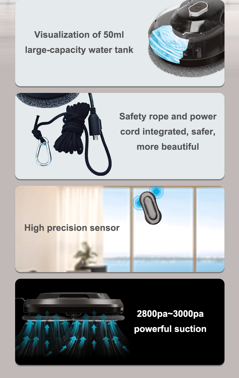 2800 Pa Suction Electric Window Cleaning Robot 5 Mins/m2 Cleaning Speed Remote Control