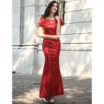 hot sale polyester short sleeve long women Bodycon evening beaded dress with