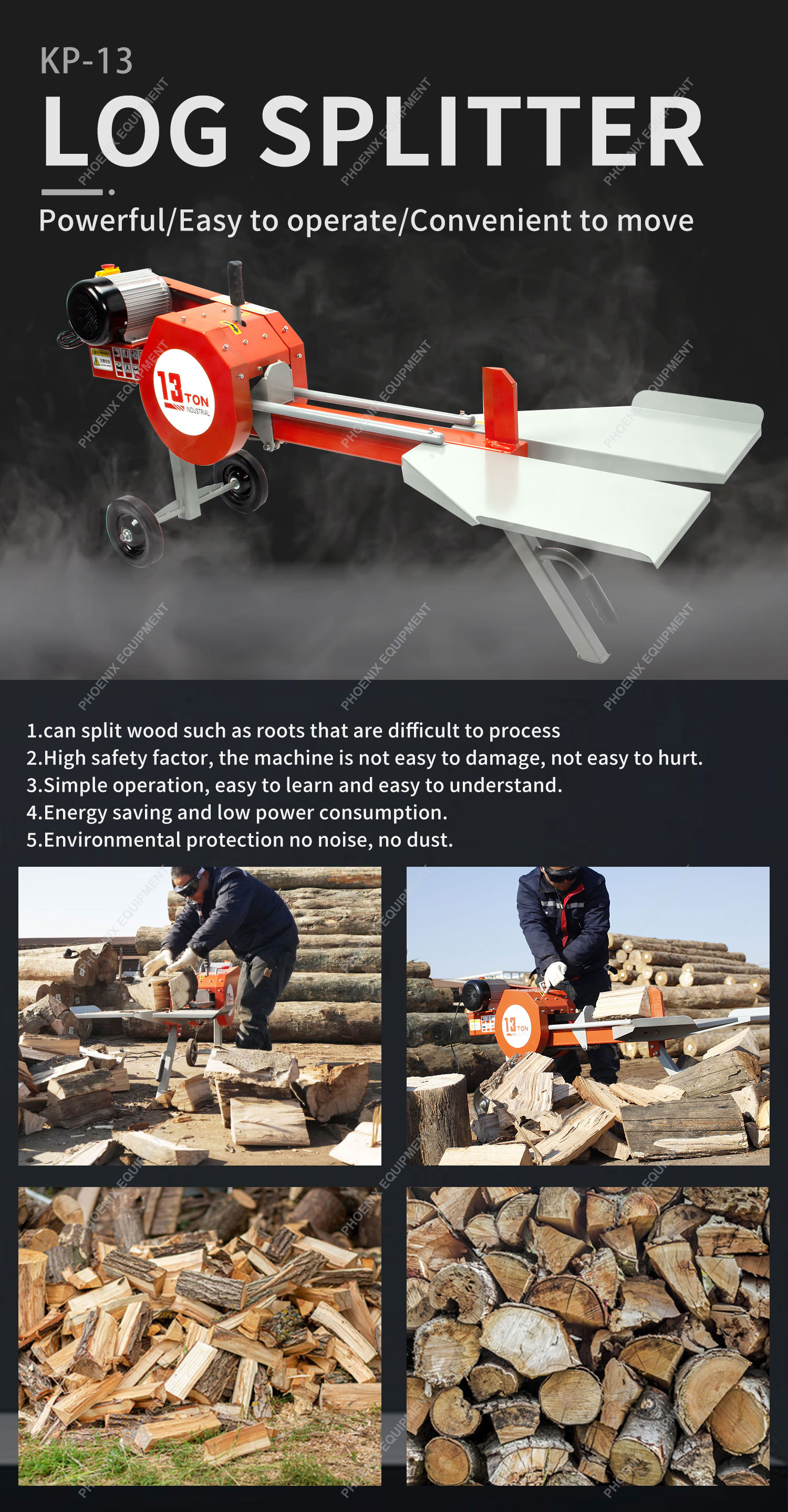 Fast Firewood Splitter 13T Kinetic Log Splitter 1770*760*780mm 550mm Splitting Stroke