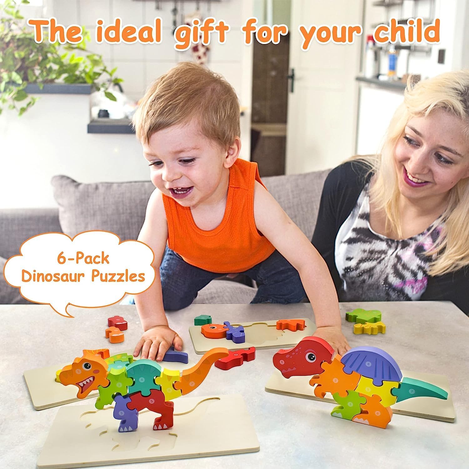 Age Range 2 to 4 Years 6 Pack Wooden Dinosaur Puzzles for Toddlers Educational Toys