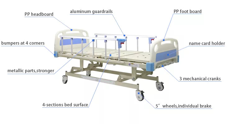 3 Function Manual Crank Medical Hospital Bed With Pp Guardrails