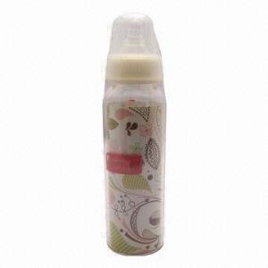 China Baby Glass Feeding Bottle with Plastic Packaging and Liquid Silicone Nipple wholesale