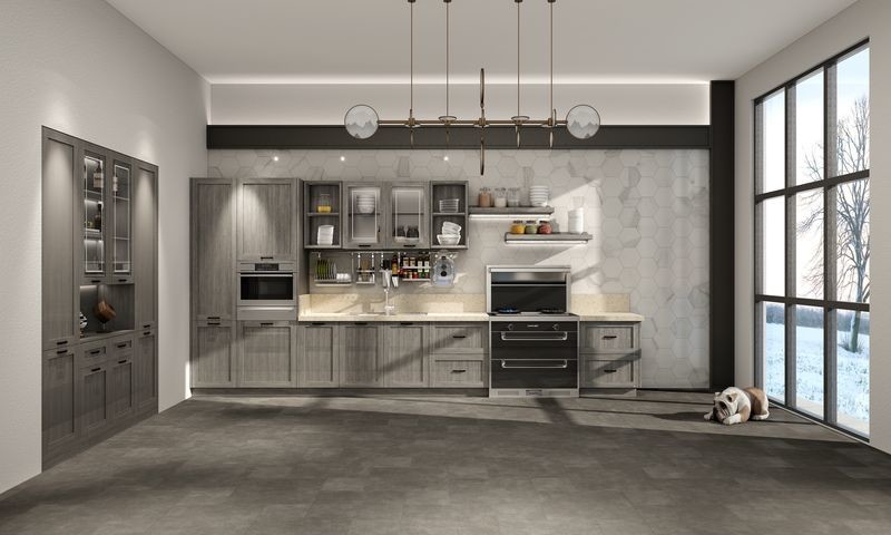 Single-Line Light Gray Stainless Steel Kitchen Cabinet with Wood Texture Panels