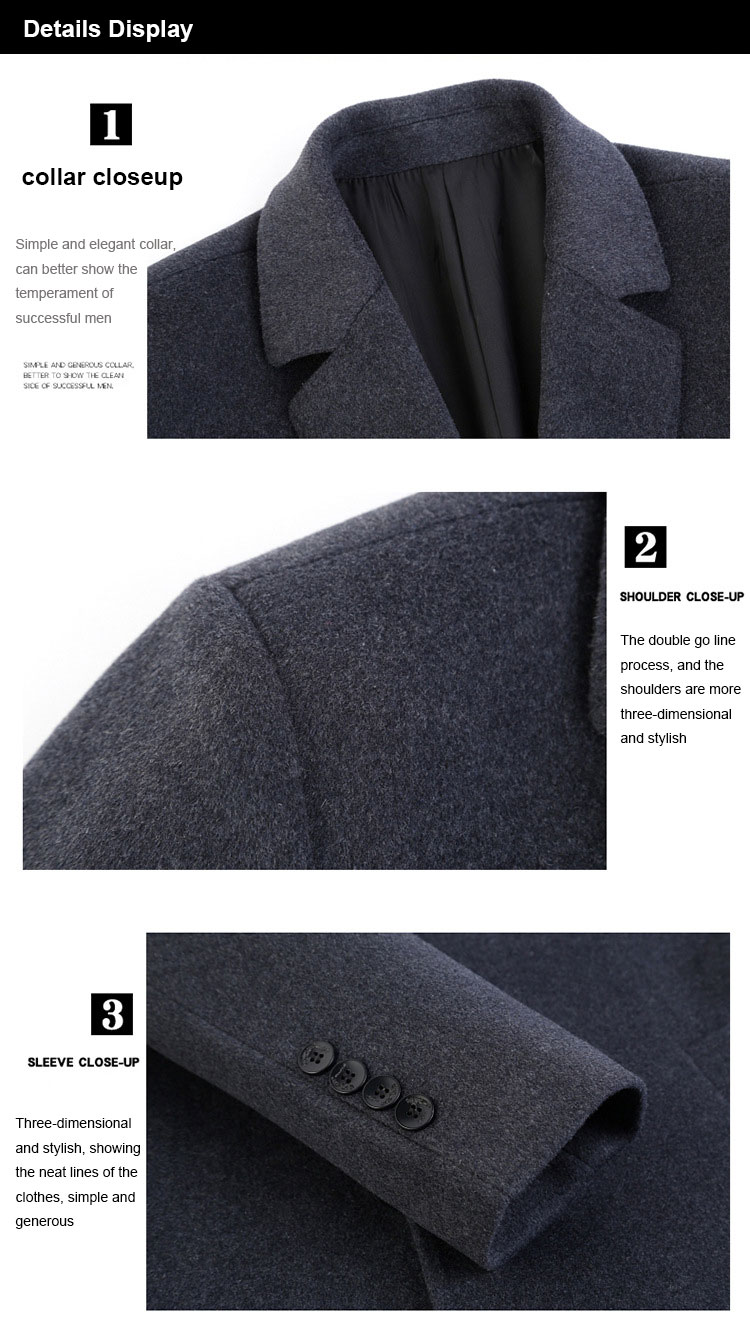 Standard Thickness Winter Men's Woolen Coat with Suit Collar and Mid-Length Back Split