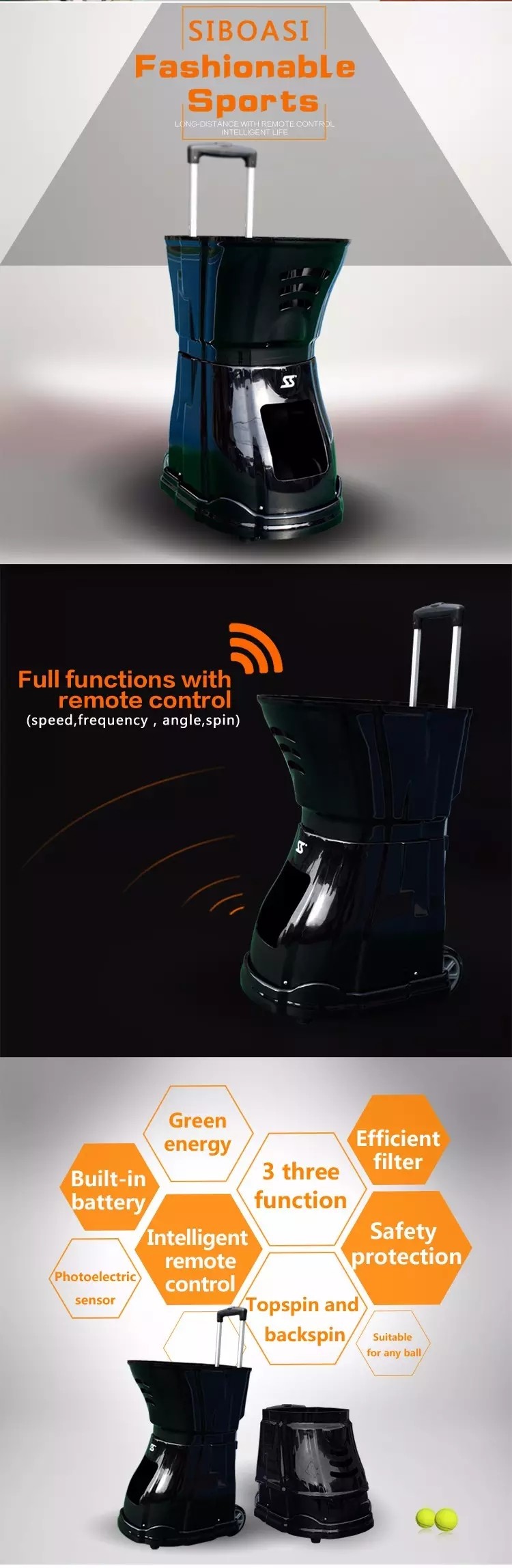 Black Color Fashionable Tennis Ball Shooting Machine 120W SGS Certificate