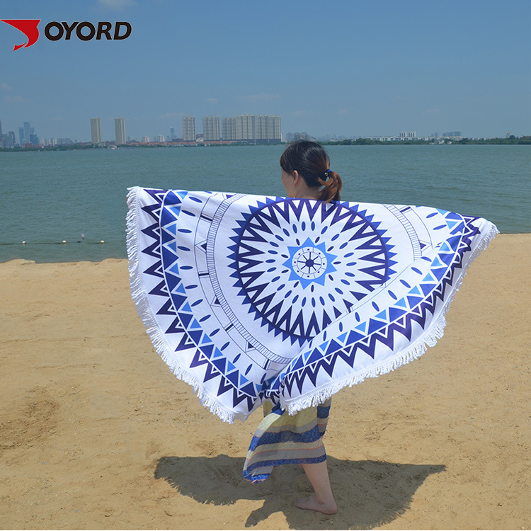 Mandala Printed Linen Beach Towel Circle Round Shaped With Tassels Fringe