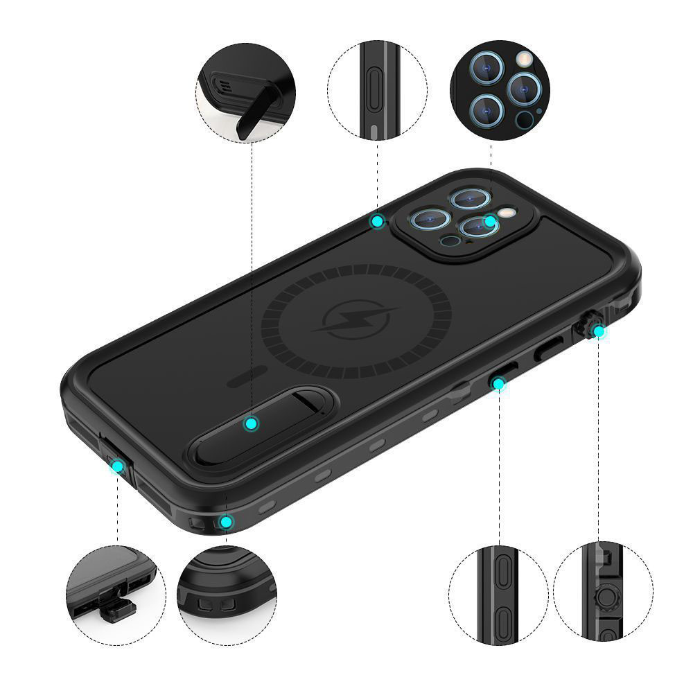 Waterproof Finger Grip Phone Case Magsage Wireless Charge Shock Free Built In Stand