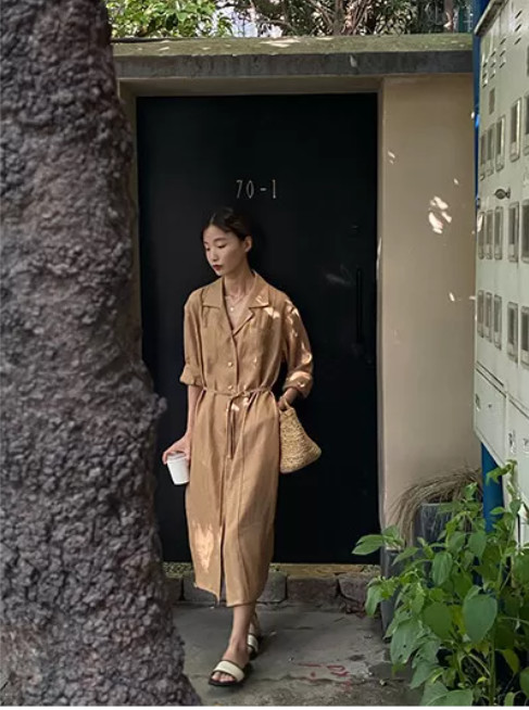 Green Tencel Linen Fabric Woven Shirt Dress With Pin Tucks Customized