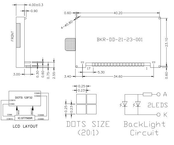 128x32 Dots Monochrome Graphic LCD Display COG With ST7565R IC SPI Interface