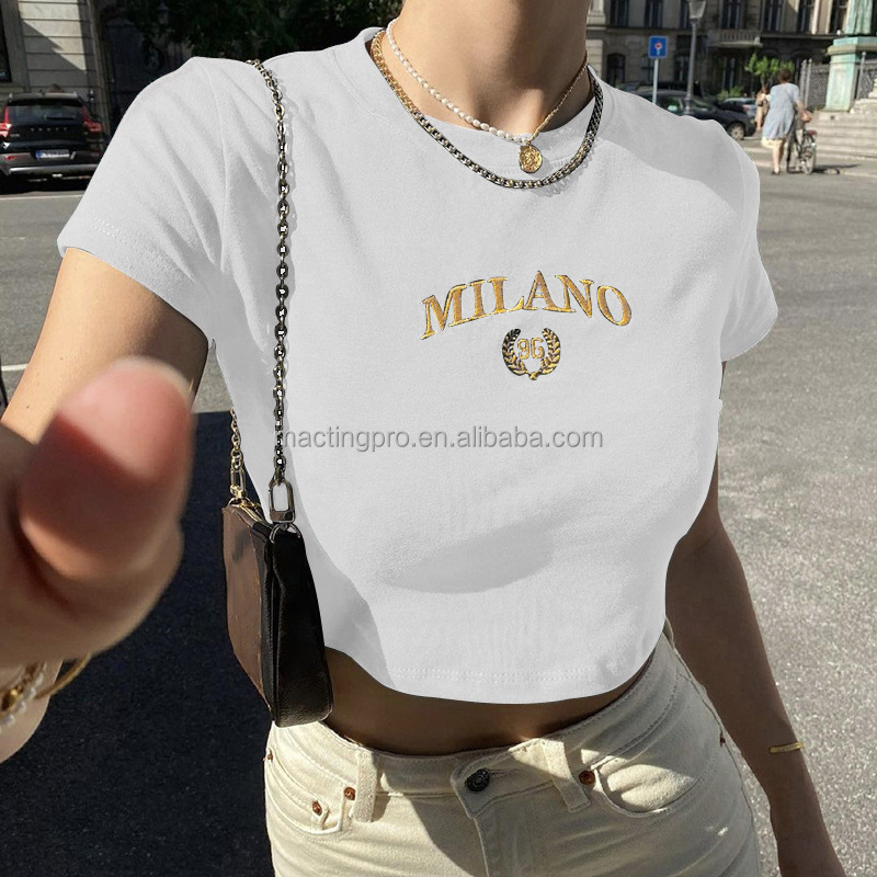 2024 Custom Embroidery Letter Logo Crop Top Baby Tees Women Y2k Tight Tshirt