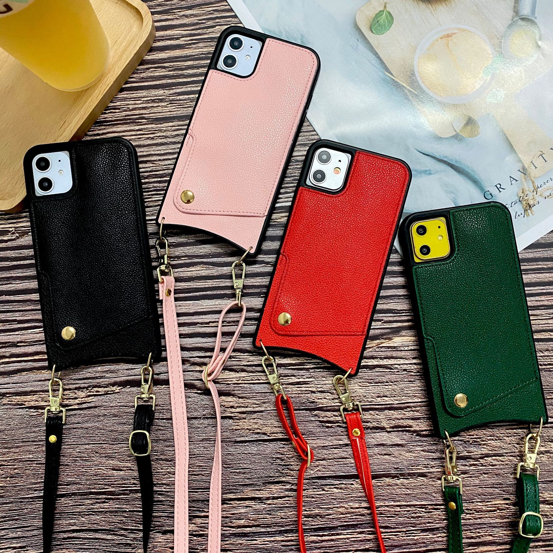 Vintage Card Pocket Phone Case Adjustable Lanyard Case Shockproof for Iphone