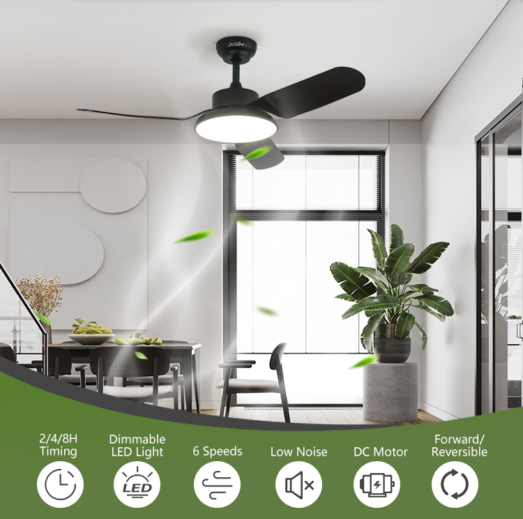 Modern 43-inch Black LED Ceiling Fan with Silent Motor and Air Conditioning Function