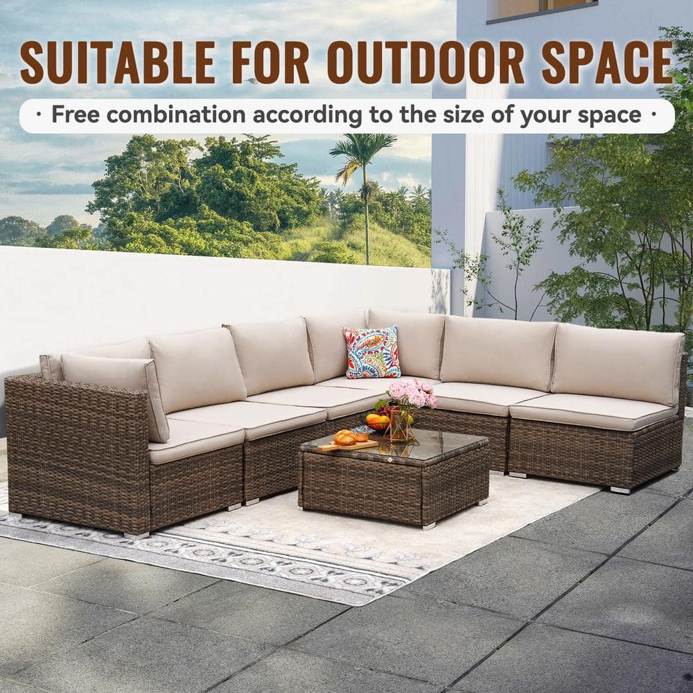 Upgrade Your Patio with AJUNION 7 Piece Furniture Set in Brown Cushions and PE Rattan