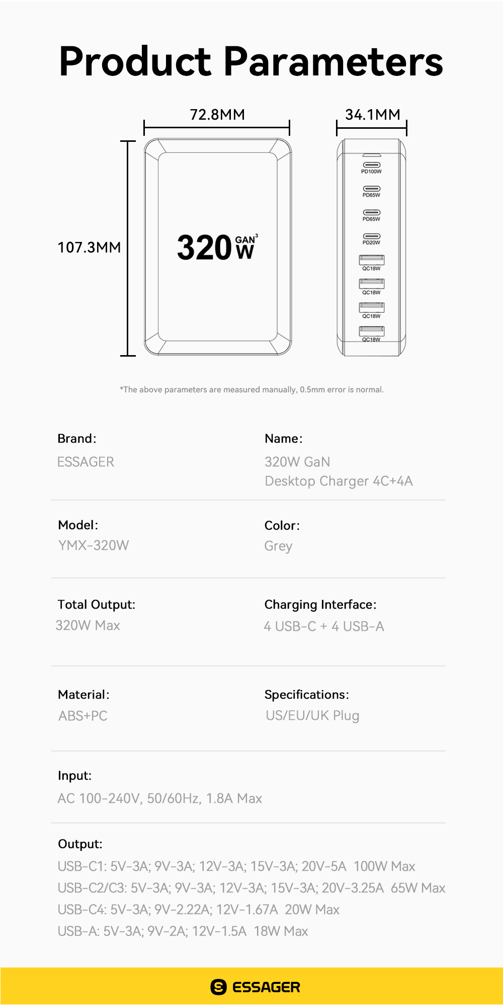 ESSAGER YMX-320W Series PD 20W 65W 100W QC 18W 8 Ports USB-C USB-A GaN Charger