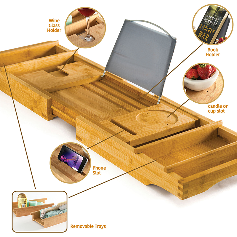 ODM Expandable Bath Caddy Bamboo Wood Bath Tub Tray Eco Friendly