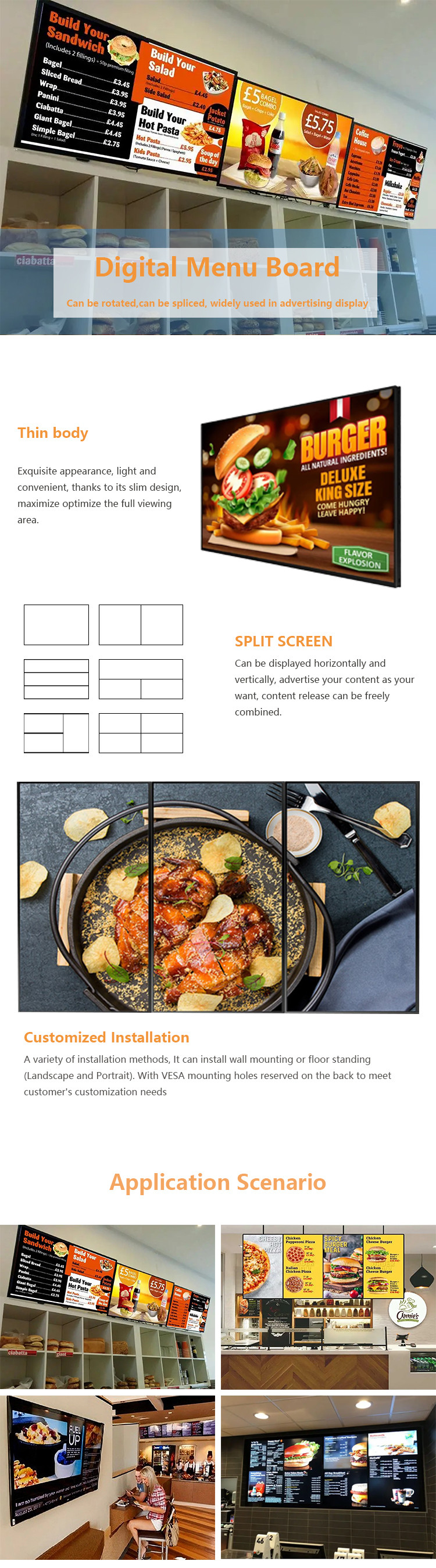 Ultra Narrow LCD Advertising Display Module Digital Menu Boards For Restaurants