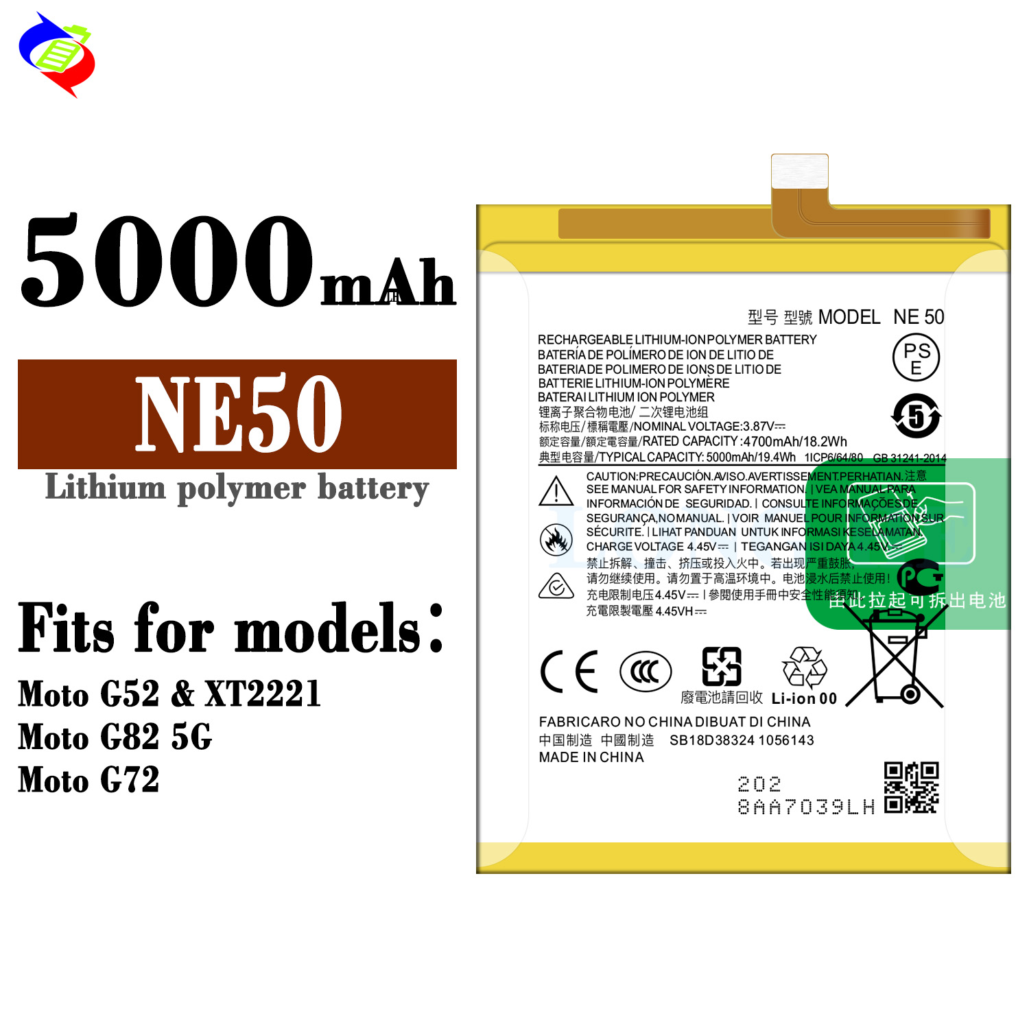 5000mAh Replaceable and Rechargeable Batteries NE50 For Moto G52 G72 G82 XT2221 White 4.4V