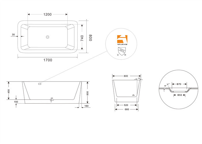 Narrow Edge Portable Acrylic Freestanding Bathtub With End Drain Lightweight