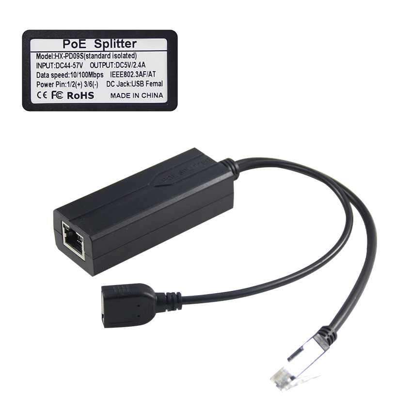 1Gbps Switch Capacity PoE Splitter 48V To 5V 2.4A USB Type A Female 802.3af Power Over Ethernet