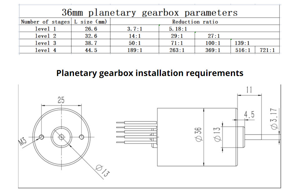 36mm Dc Motor Planetary Gearbox For 3650 555 Motor Metal Gear Reducer
