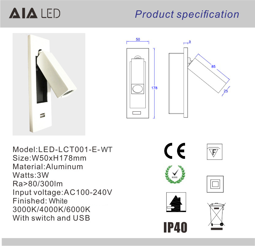 Hotel flat 2.1A 5V USB reading light flexible bedside wall lamp hotel bed headboard study bed wall light bedroom