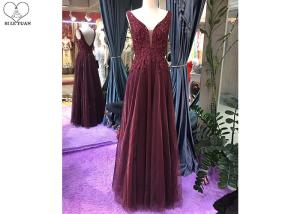 China Sleeveless Burgundy A Line Ball Gown Backless Top Lace Beading Tull Fabric wholesale